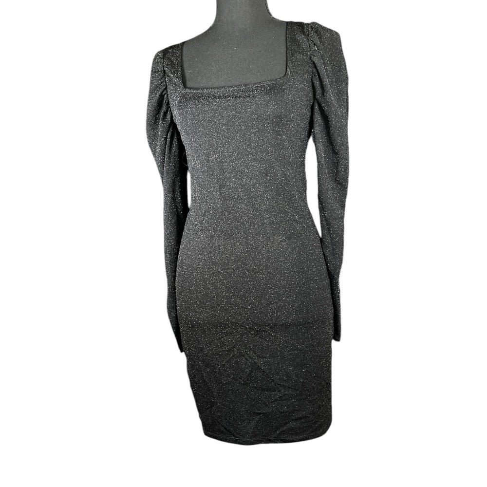 Divided by H&M Black Sparkly Puff Sleeve Glitter Knee Length Dress | Siz…
